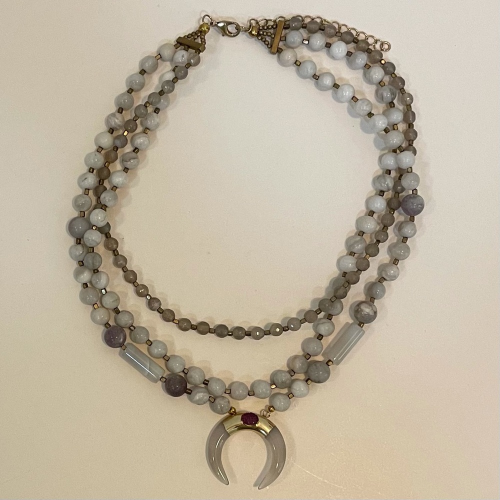 Multi-Strand Gray Bead Necklace with Crescent Pendant